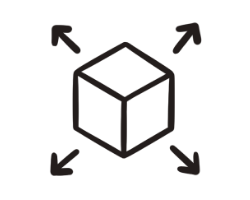 Optan-valeur-mission-integrale Icone représentant une mission intégrale : un cube et des flèches multi directionnelles